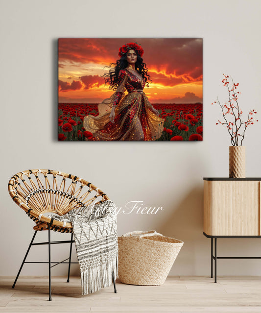 Framed Canvas - Vibrant Poppies Whimsical Sunset Beautiful Brunette in Poppy Field, Wall Art Ready to hang Oil Painting Original Artwork Print