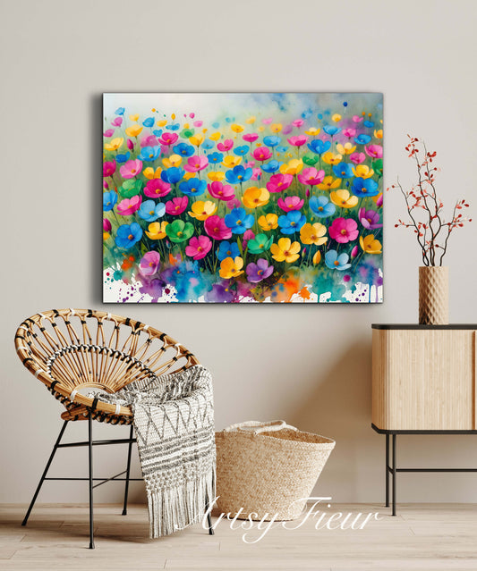 Framed canvas- ready to hang wall art print, beautiful vibrant colours watercolour fantasy painting wildflowers ,floral landscape, unique gift, one of a kind original artwork