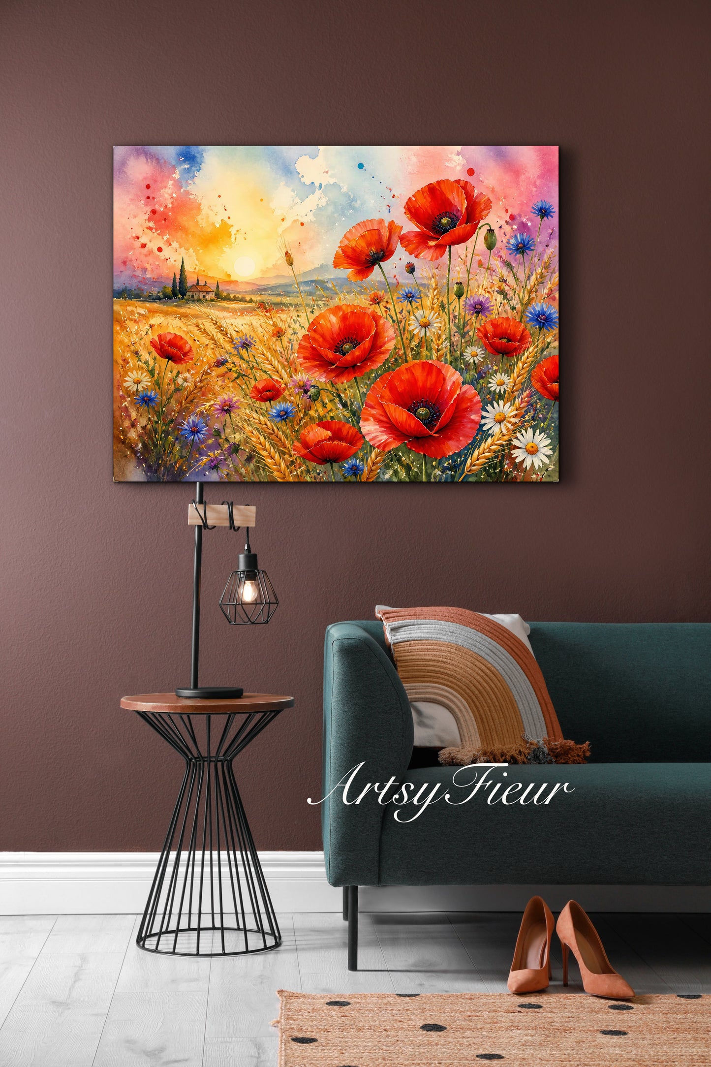 Framed Canvas Print- Vibrant Wildflowers and Poppies Oil Painting Textured Wall Art , Beautiful Original Artwork Ready to Hang Living Room, Floral