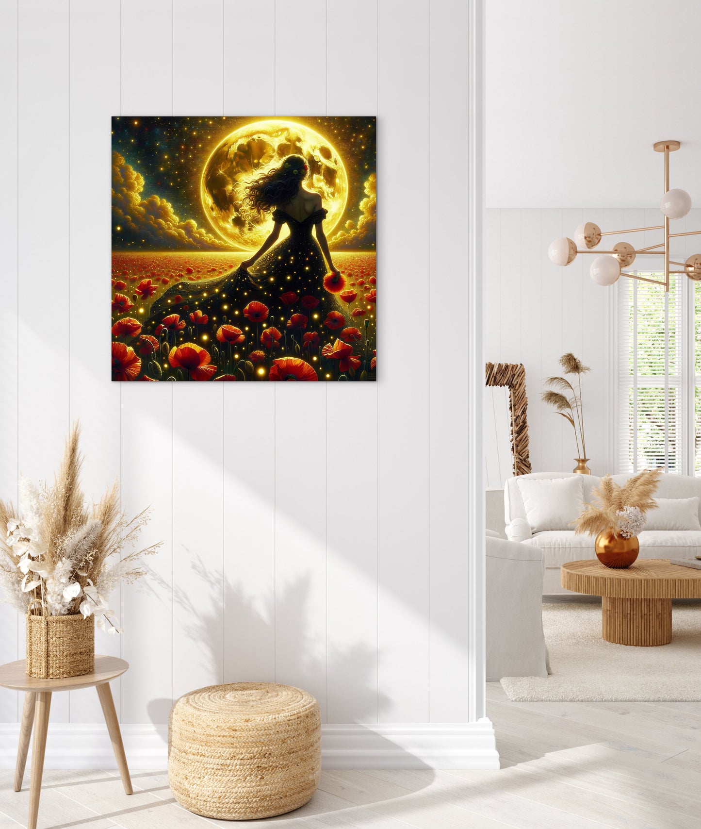 Framed Canvas - Vibrant Poppies Whimsical Full Moon Bride in Poppy Field, Wall Art Ready to hang Oil Painting Original Artwork Print Black Wedding Dress
