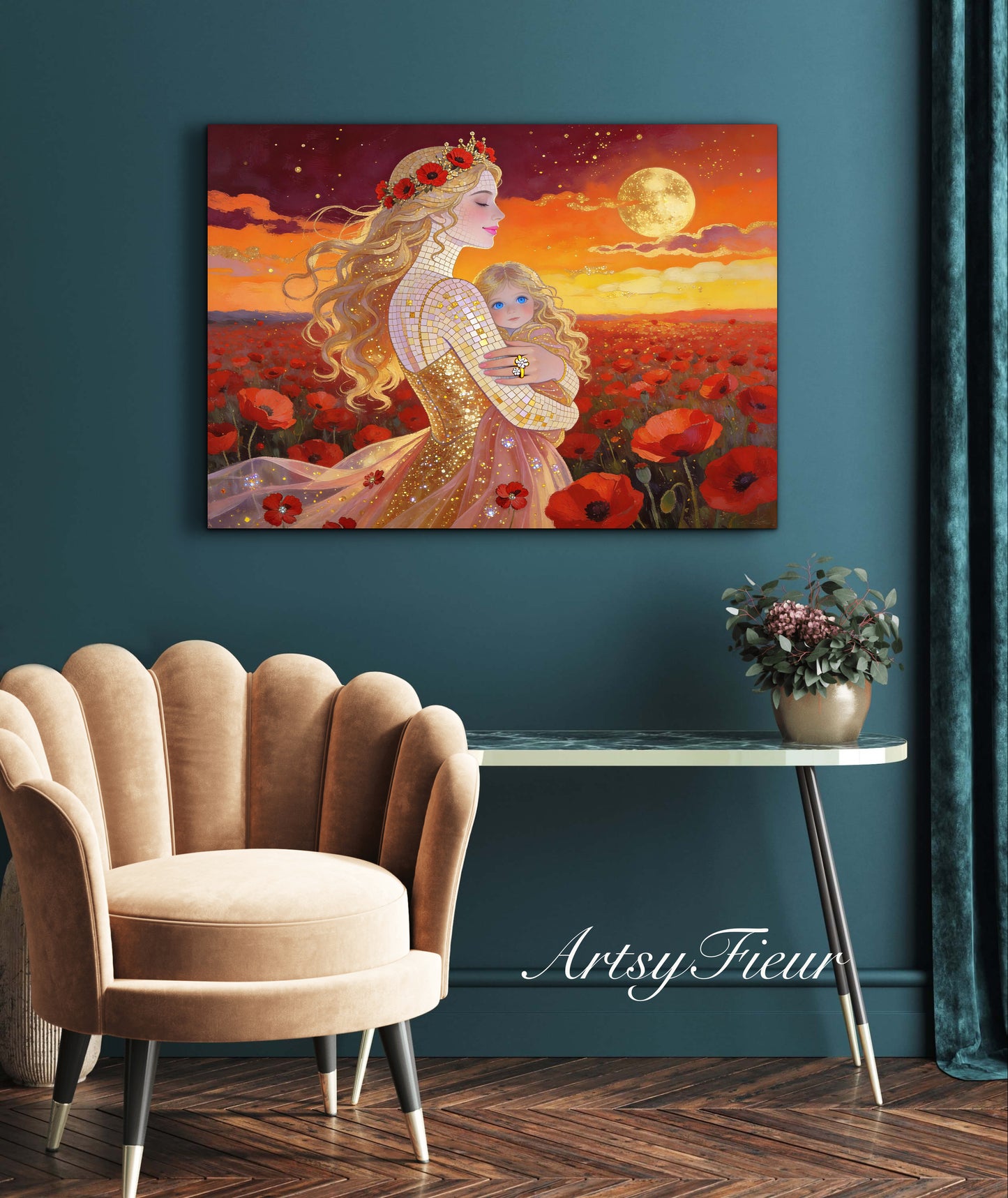 Framed Canvas- Vibrant Poppies Field Mother and Daughter Portrait Whimsical Full Moon Sunset Fantasy Oil Painting Wall Art Print