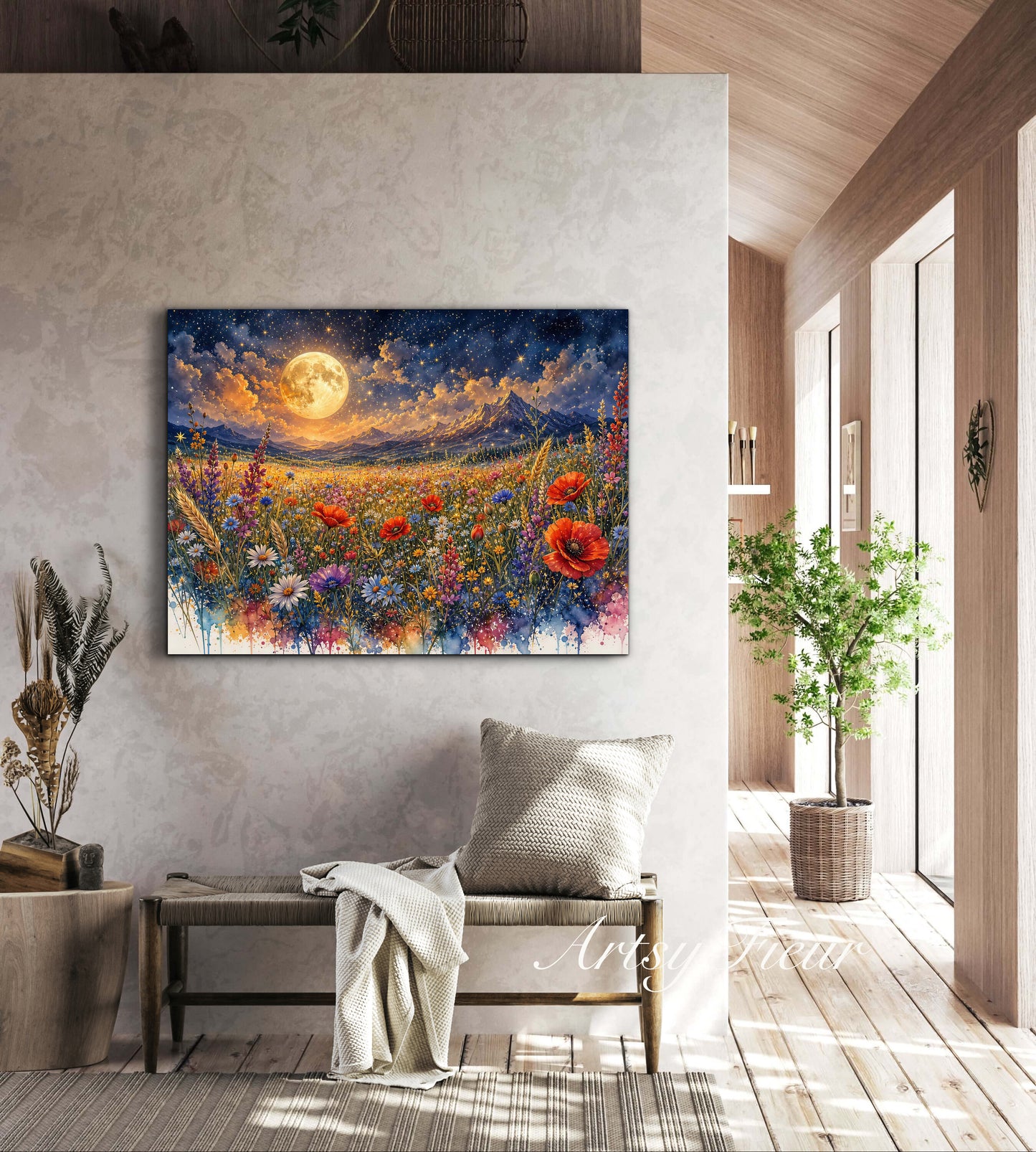 Framed Canvas Print- Vibrant Wildflowers and Poppies Oil Painting Textured Wall Art , Beautiful Original Artwork Ready to Hang Living Room, Floral
