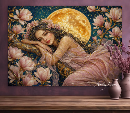 Framed Canvas- Vibrant Magnolia Flowers Beautiful Brunette Woman’s Abstract Portrait Mosaic Original Artwork Fantasy Wall Art Print