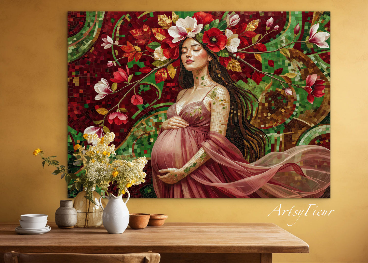 Framed Canvas- Vibrant Magnolia Flowers Beautiful Brunette Pregnant Woman’s Abstract Portrait Mosaic Original Artwork Fantasy Wall Art Print Mother Nature