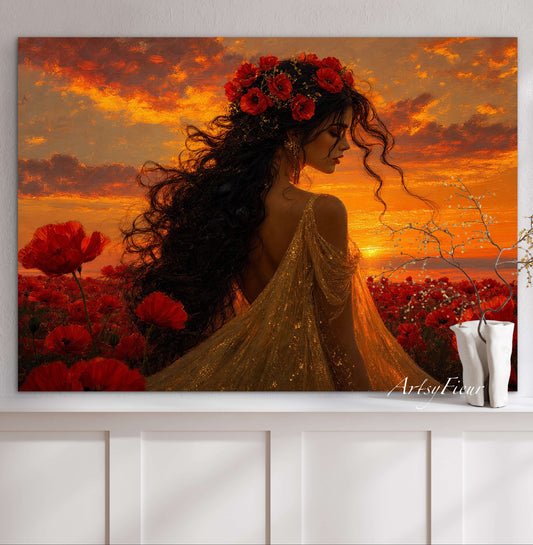 Framed Canvas - Vibrant Poppies Whimsical Full Moon Bride in Poppy Field, Wall Art Ready to hang Oil Painting Original Artwork Print