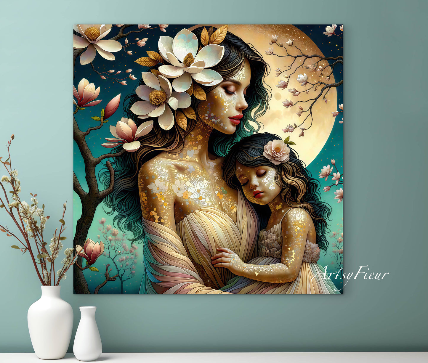 Framed canvas- ready to hang wall art print, abstract mother and daughter portrait Mosaic Magnolia Flowers
