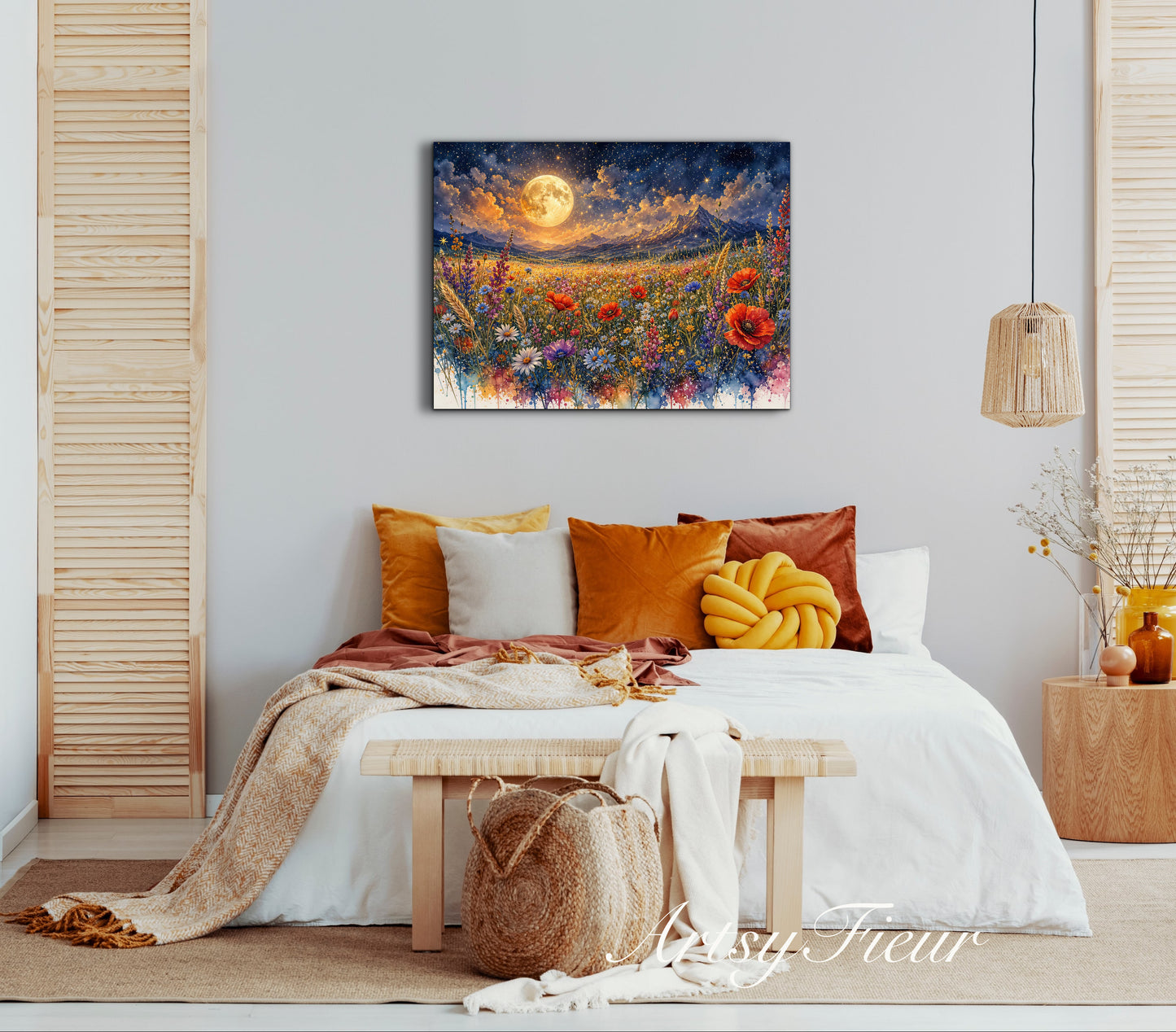 Framed Canvas Print- Vibrant Wildflowers and Poppies Oil Painting Textured Wall Art , Beautiful Original Artwork Ready to Hang Living Room, Floral