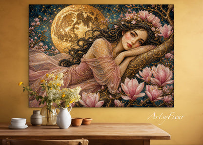 Framed Canvas- Vibrant Magnolia Flowers Beautiful Brunette Woman’s Abstract Portrait Mosaic Original Artwork Fantasy Wall Art Print