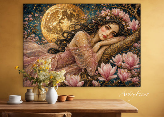 Framed Canvas- Vibrant Magnolia Flowers Beautiful Brunette Woman’s Abstract Portrait Mosaic Original Artwork Fantasy Wall Art Print