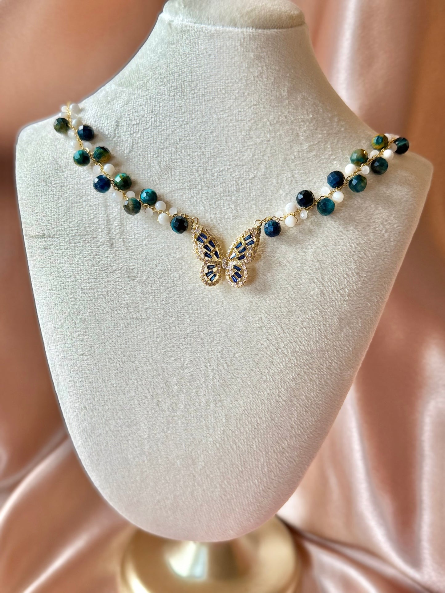 Blue Butterfly Necklace Handmade Braided Beaded | Natural Blue Tiger’s Eye Gemstone | Hypoallergenic| 18k Gold Plated