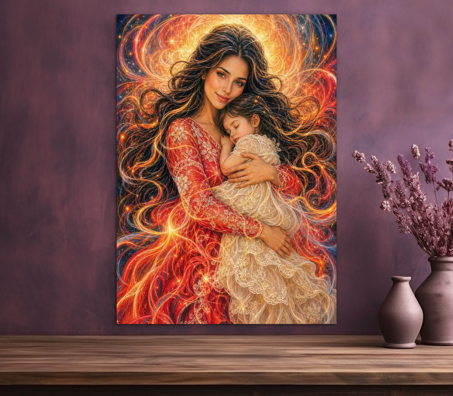 Abstract Portrait Mother and Daughter, Framed Canvas Ready to Hang, brunette dark hair baby girl