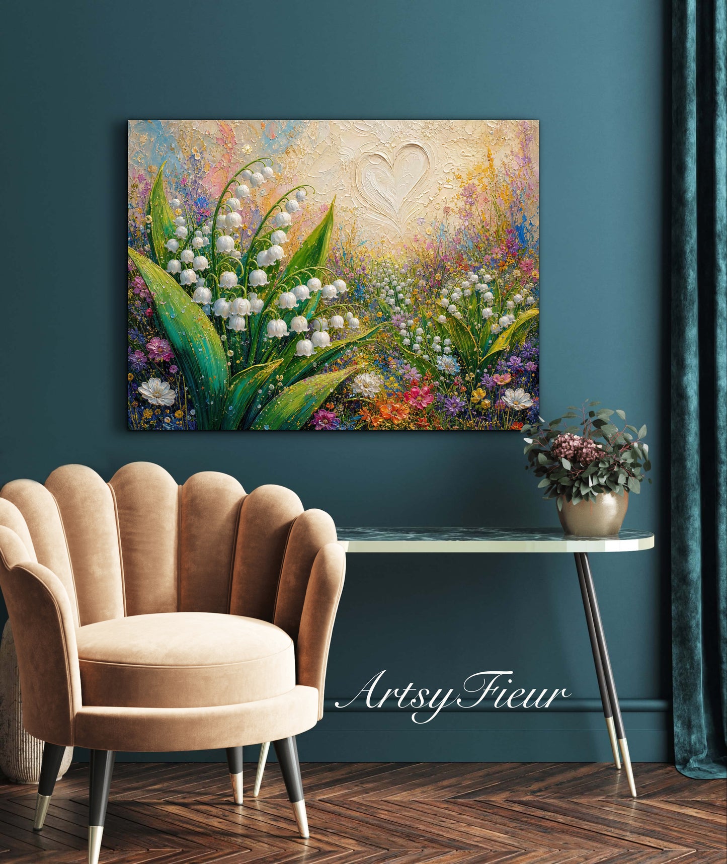Framed Canvas Print- Vibrant Wildflowers and lily of the valley Oil Painting Textured Wall Art , Beautiful Original Artwork Ready to Hang Living Room, Floral