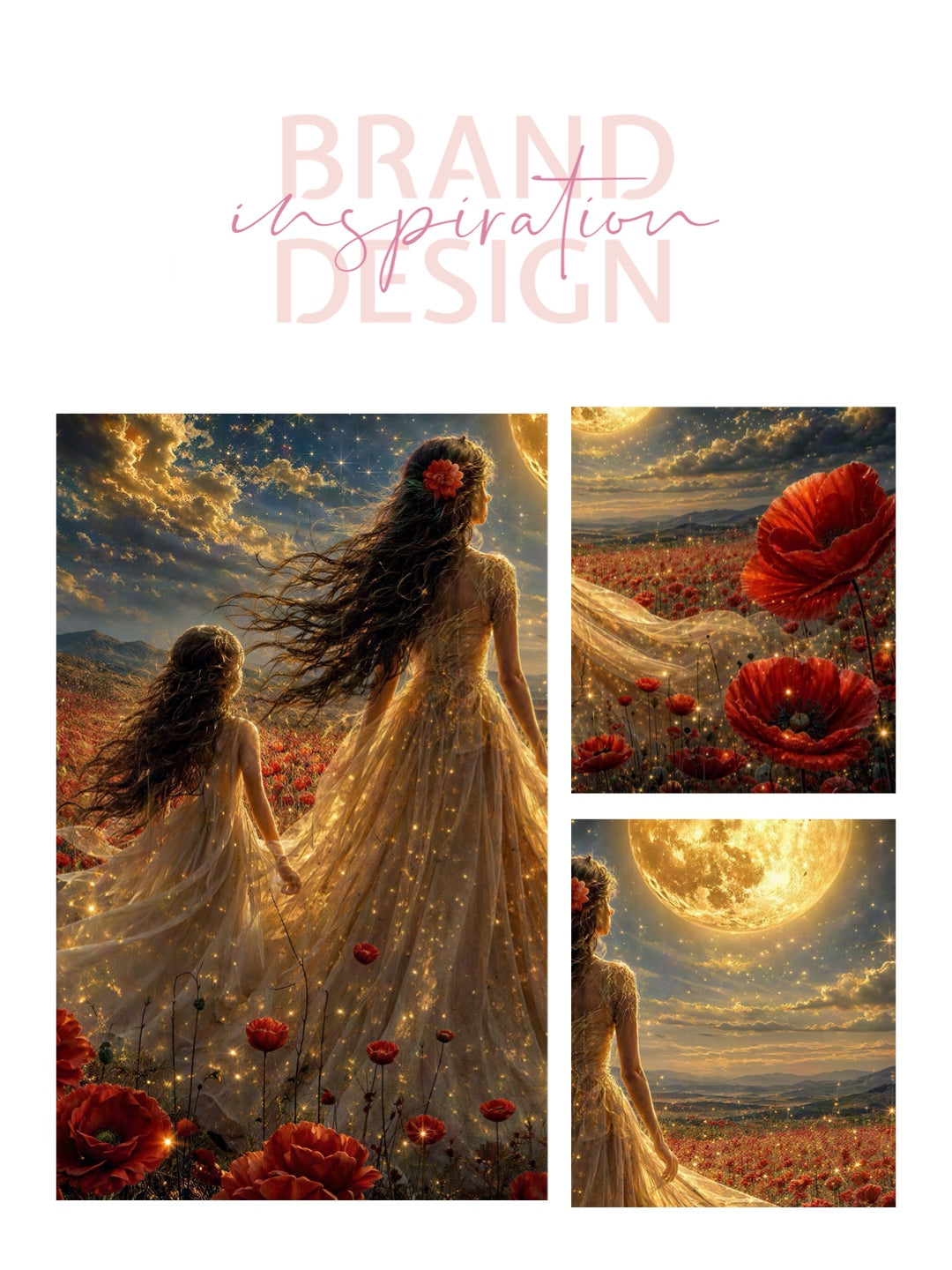 Framed Canvas- Vibrant Poppies Field Bride Mother and Daughter Portrait Whimsical Full Moon Sunset Fantasy Oil Painting Wall Art Print