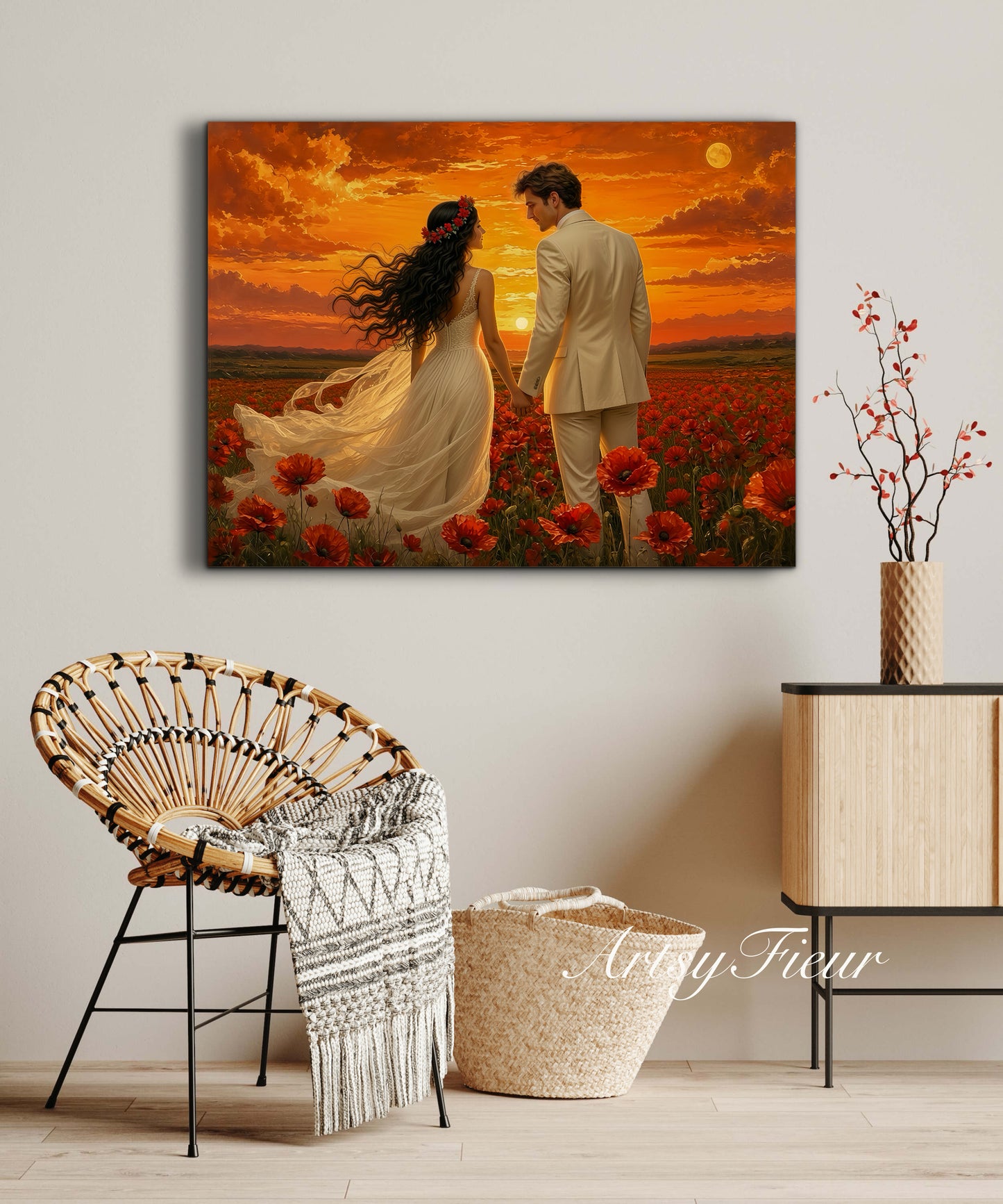 Framed canvas- whimsical full moon sunset bride and groom, wedding, poppy field, vibrant colours living room original artwork, fantasy oil painting wall art print