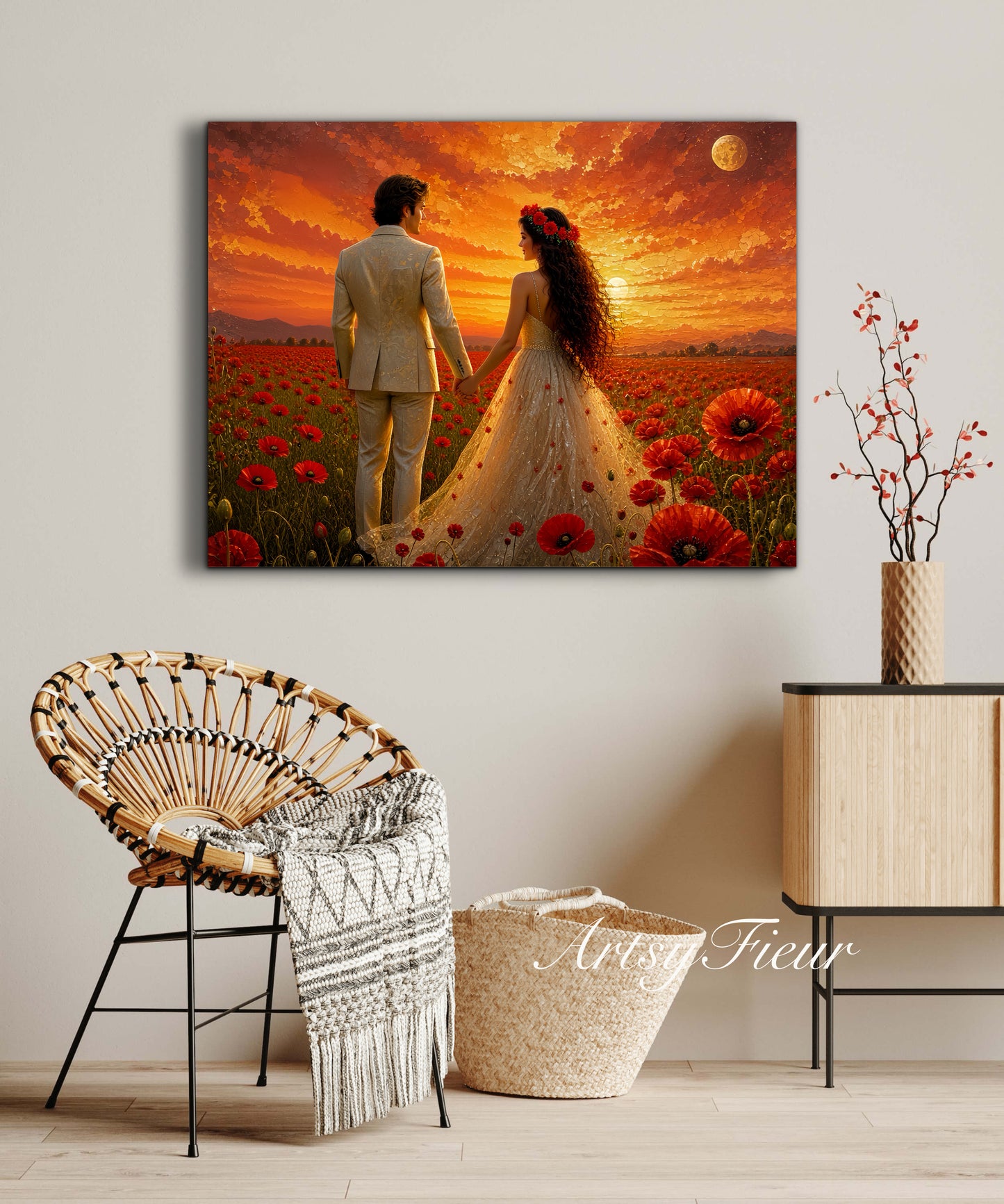 Framed canvas- whimsical full moon sunset bride and groom, wedding, poppy field, vibrant colours living room original artwork, fantasy oil painting wall art print