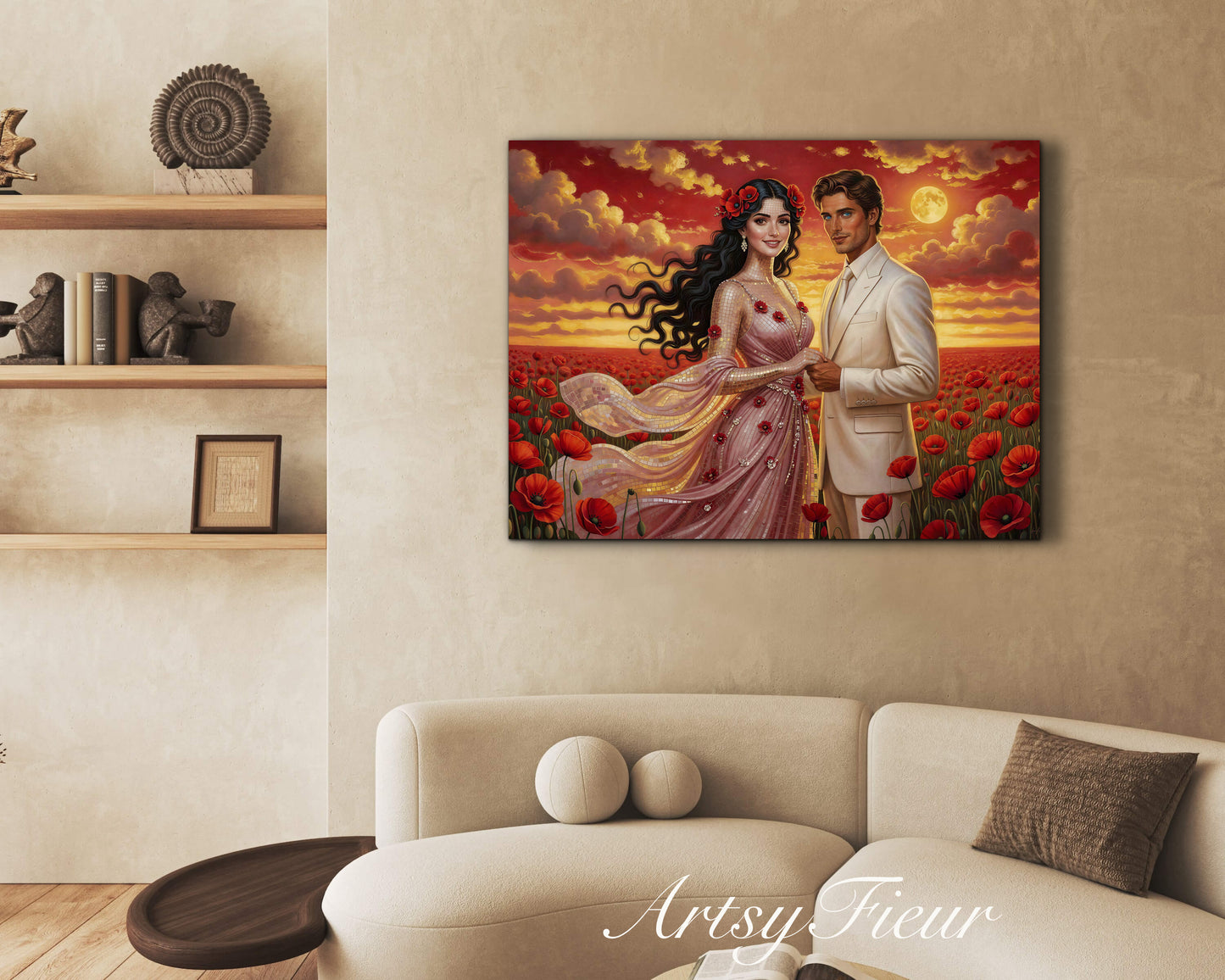 Framed canvas- whimsical full moon sunset bride and groom, wedding, poppy field, vibrant colours living room original artwork, fantasy oil painting wall art print