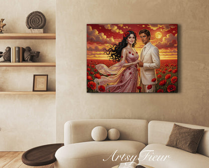 Framed canvas- whimsical full moon sunset bride and groom, wedding, poppy field, vibrant colours living room original artwork, fantasy oil painting wall art print