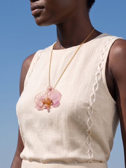 *REAL FLOWER Orchid Necklace Preserved Flower Pendant in Resin 3D White Purple Striped Orchid Pearl Smooth Snake Chain