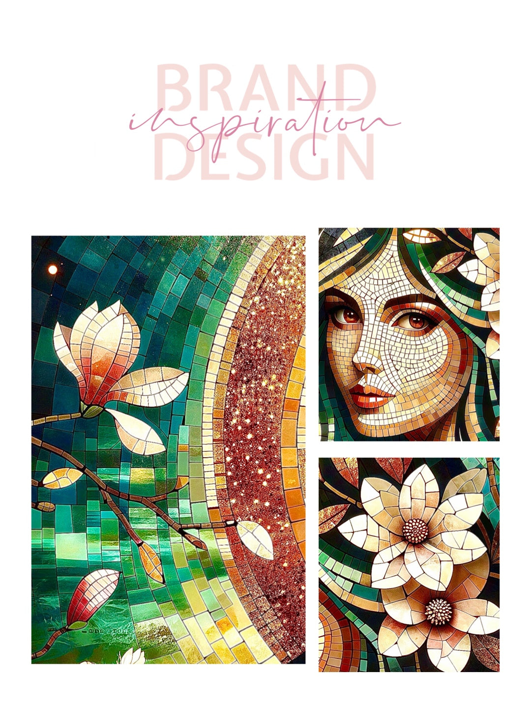 Framed canvas- Original Artwork Vibrant Magnolia Flowers Mosaic Portrait Beautiful Brunette Woman Wall Art Print