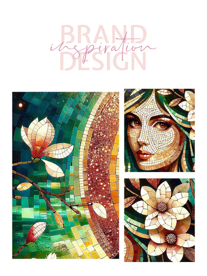 Framed canvas- Original Artwork Vibrant Magnolia Flowers Mosaic Portrait Beautiful Brunette Woman Wall Art Print