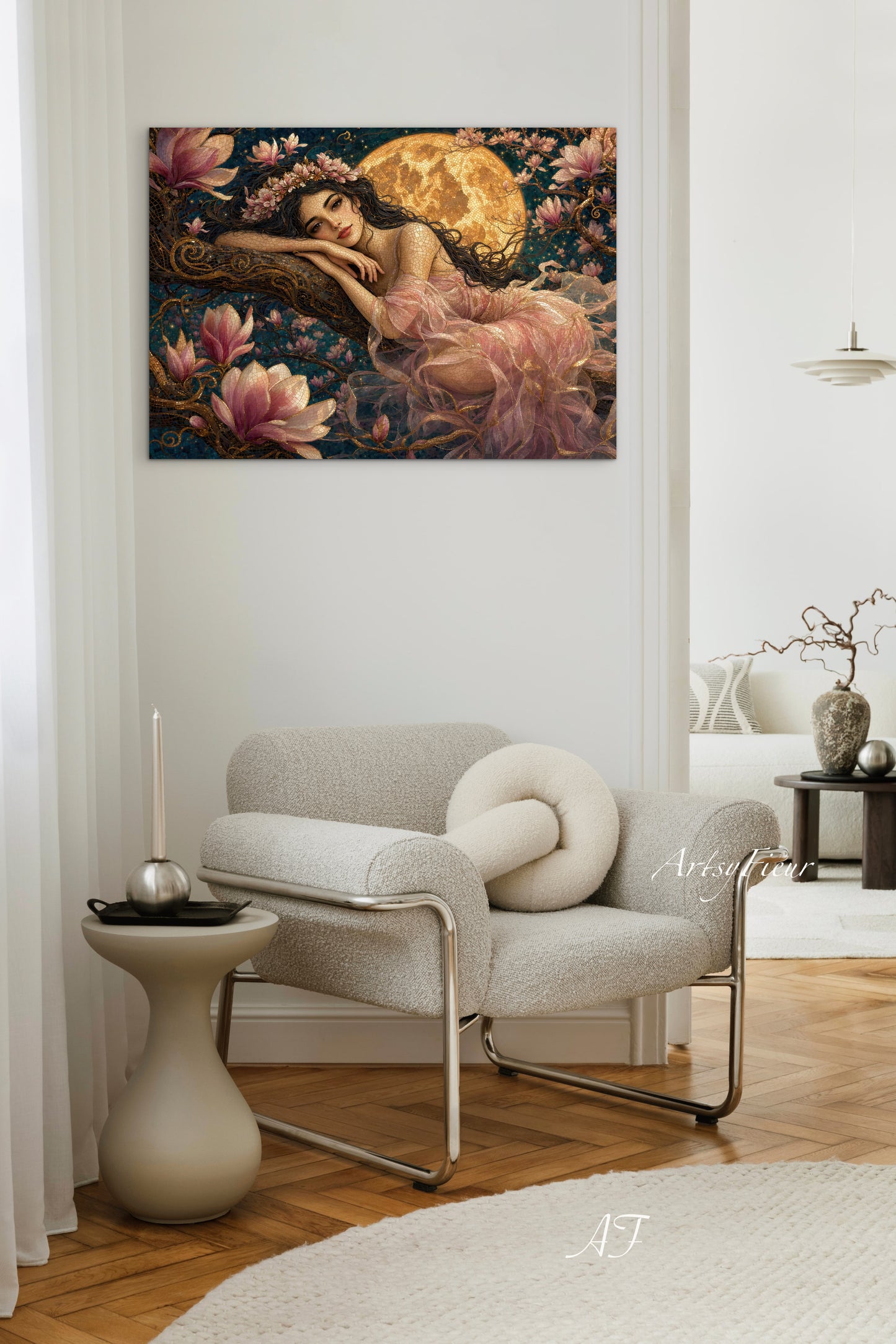 Framed Canvas- Vibrant Magnolia Flowers Beautiful Tinkerbell Woman’s Abstract Portrait Mosaic Original Artwork Fantasy Wall Art Print