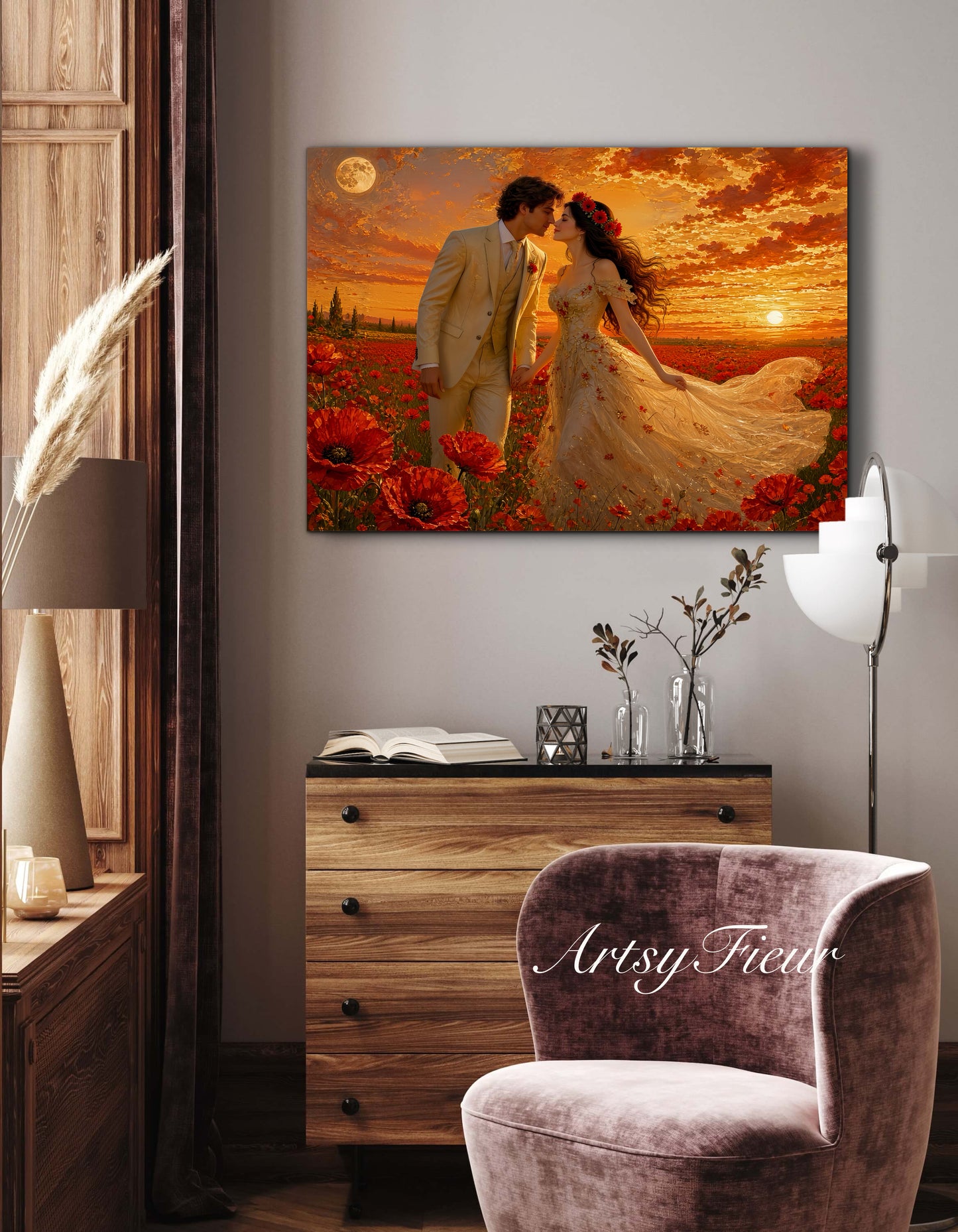 Framed canvas- whimsical full moon sunset bride and groom, wedding, poppy field, vibrant colours living room original artwork, fantasy oil painting wall art print