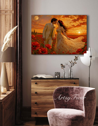Framed canvas- whimsical full moon sunset bride and groom, wedding, poppy field, vibrant colours living room original artwork, fantasy oil painting wall art print