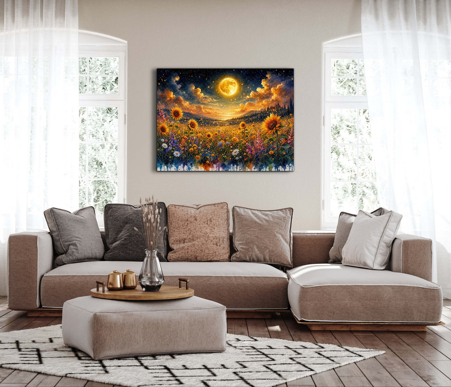 Framed Canvas- Beautiful Vibrant Colours Full Moon Floral Landscape, Wildflowers and Sunflowers Field under Night Sky Living Room Wall Art