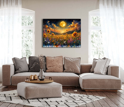 Framed Canvas- Beautiful Vibrant Colours Full Moon Floral Landscape, Wildflowers and Sunflowers Field under Night Sky Living Room Wall Art