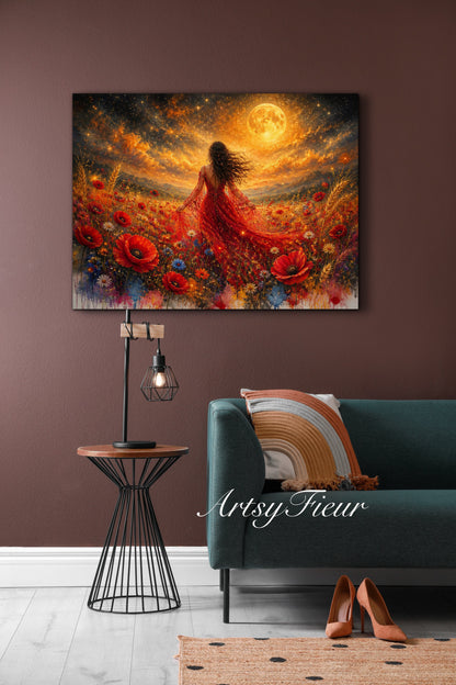 Framed Canvas - Vibrant poppies and wildflowers Whimsical Full Moon starry night sky Bride in Poppy Field, Wall Art Ready to hang original Artwork Print Red Dress