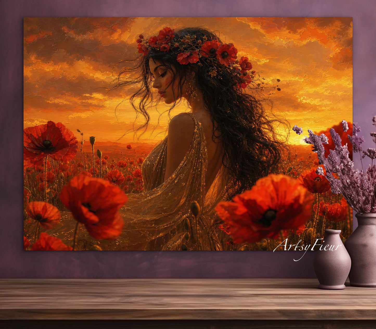 Framed Canvas - Vibrant Poppies Whimsical Full Moon Bride in Poppy Field, Wall Art Ready to hang Oil Painting Original Artwork Print
