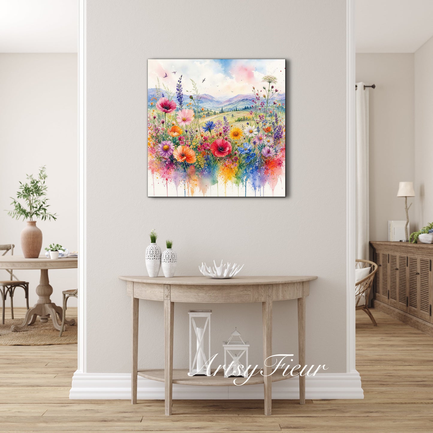 Framed Canvas- Original Artwork Vibrant Colours Wildflowers Watercolour Painting Abstract Colourful Landscape Living Room Wall Art Print