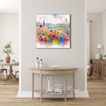Framed Canvas- Original Artwork Vibrant Colours Wildflowers Watercolour Painting Abstract Colourful Landscape Living Room Wall Art Print