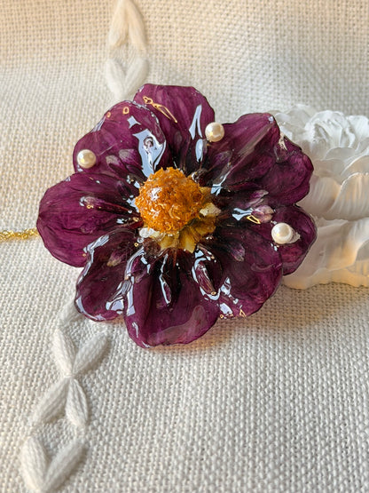 *REAL FLOWER Purple Dahlia Necklace | Preserved flower in resin | Floral pendant on chain | Hypoallergenic Gold Plated