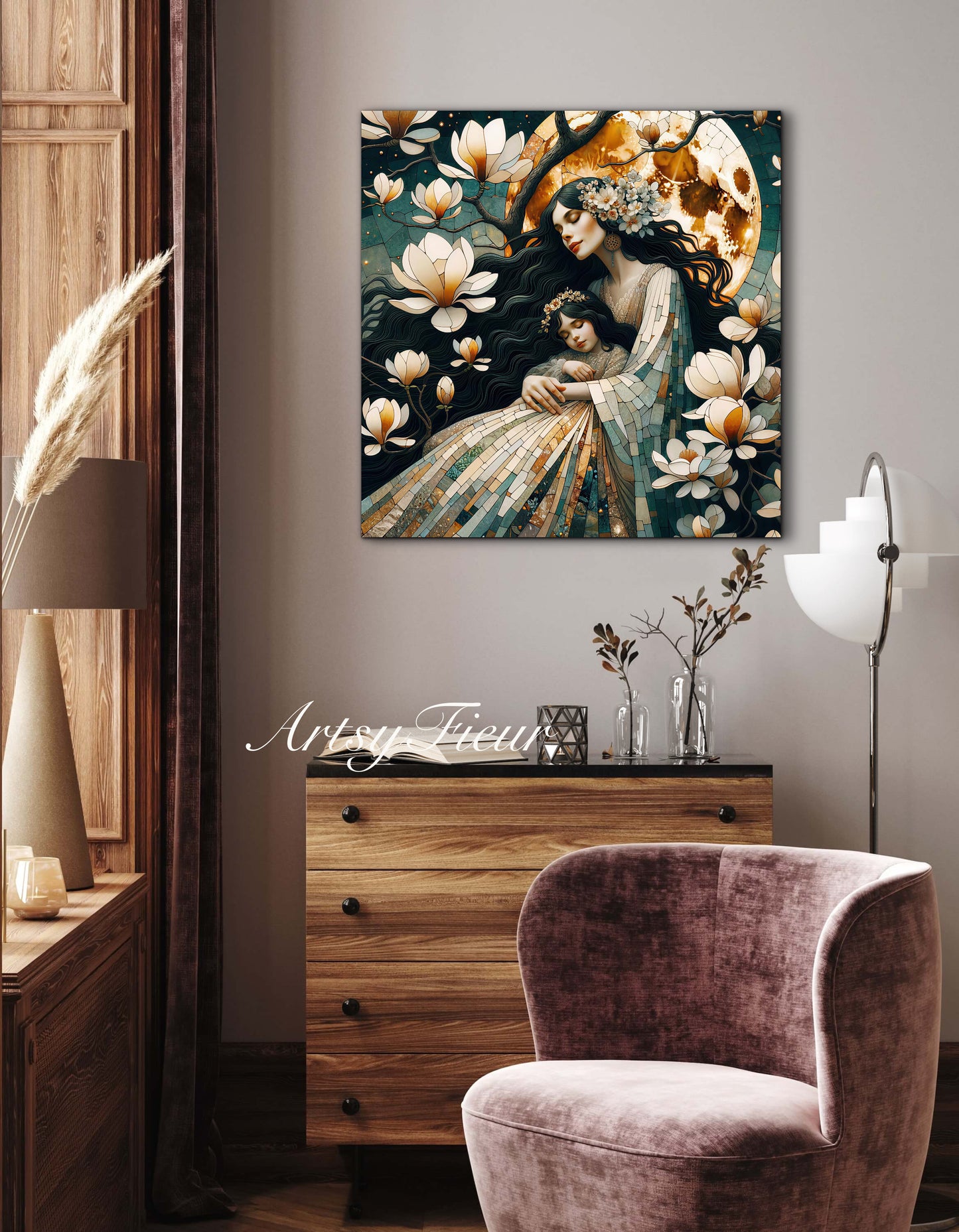 Framed canvas- ready to hang wall art print, abstract mother and daughter portrait Mosaic Magnolia Flowers Whimsical Full Moon