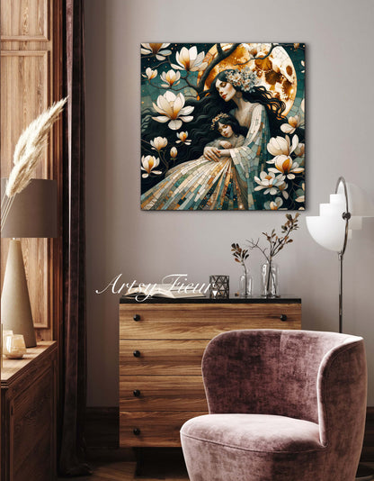 Framed canvas- ready to hang wall art print, abstract mother and daughter portrait Mosaic Magnolia Flowers Whimsical Full Moon
