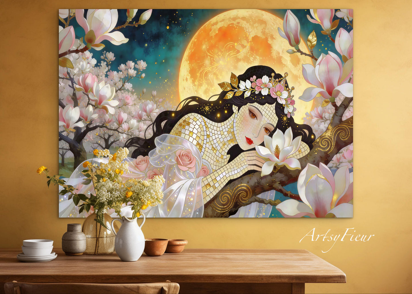 Framed Canvas- Vibrant Magnolia Flowers Beautiful Brunette Woman’s Abstract Portrait Mosaic Original Artwork Fantasy Wall Art Print