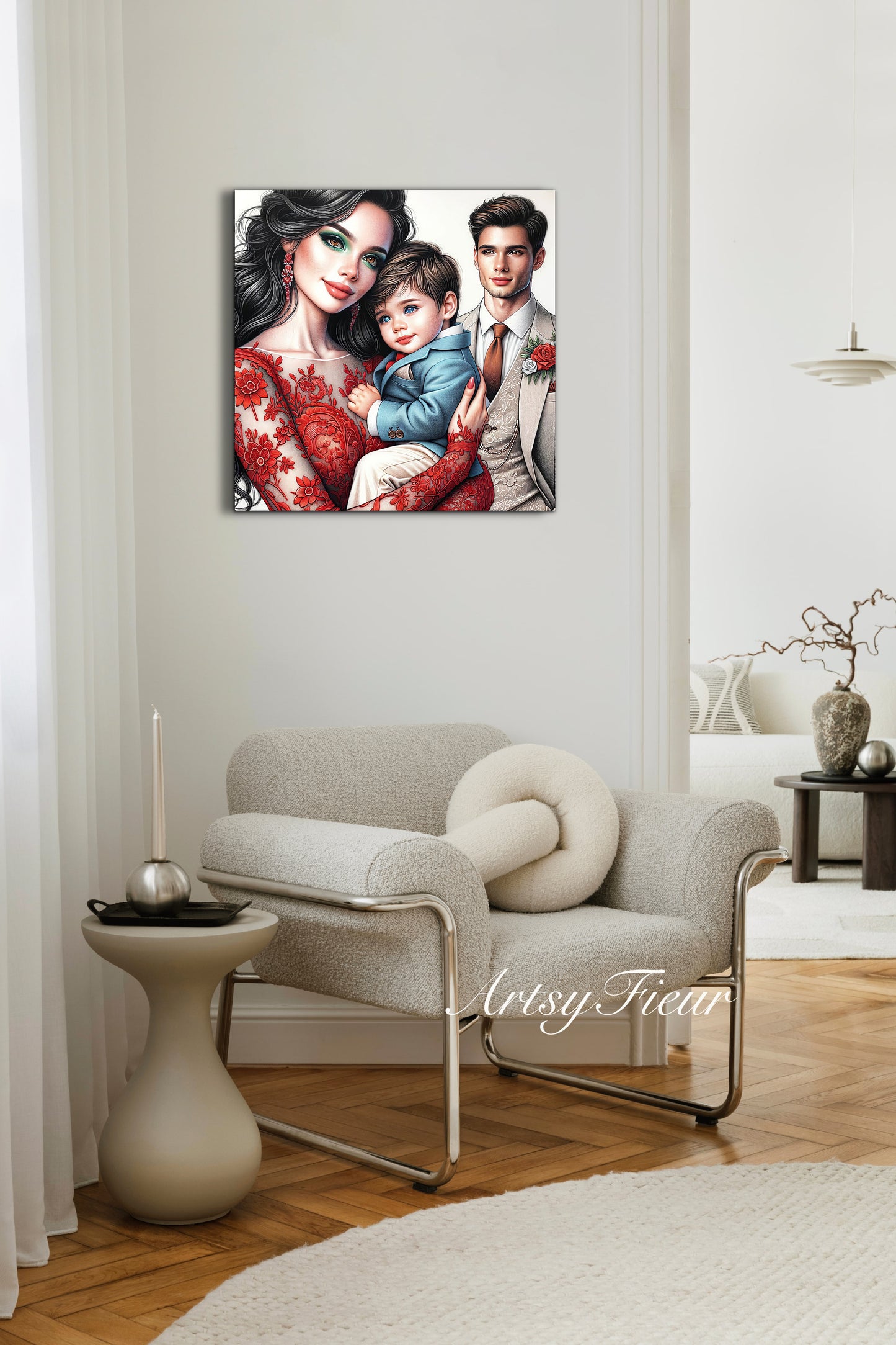 Framed canvas- ready to hang wall art print, colourful drawing abstract family portrait mother and son colourful drawing