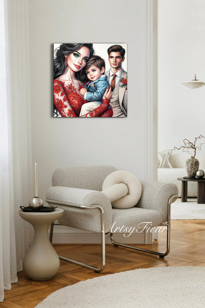 Framed canvas- ready to hang wall art print, colourful drawing abstract family portrait mother and son colourful drawing