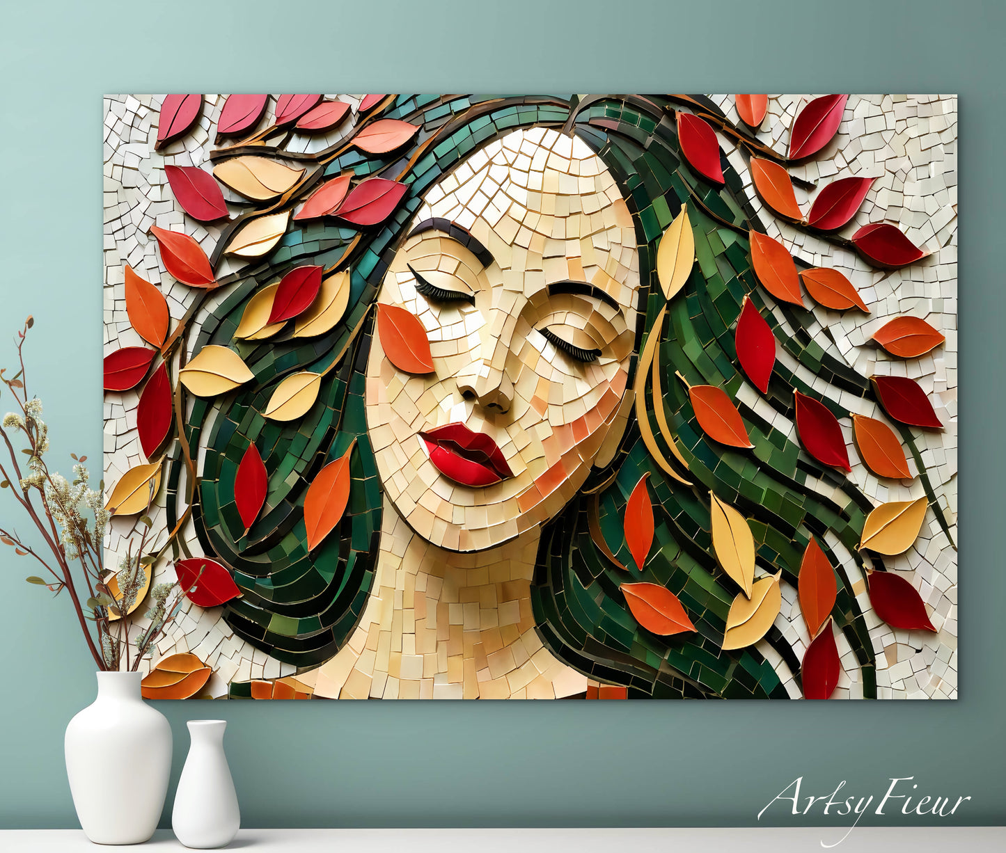 Framed Canvas- Vibrant Colours Beautiful Brunette Woman’s Abstract Portrait Mosaic Autumn Leaves Original Artwork Fantasy Wall Art Print