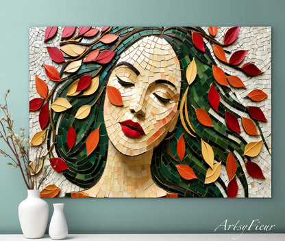 Framed Canvas- Vibrant Colours Beautiful Brunette Woman’s Abstract Portrait Mosaic Autumn Leaves Original Artwork Fantasy Wall Art Print