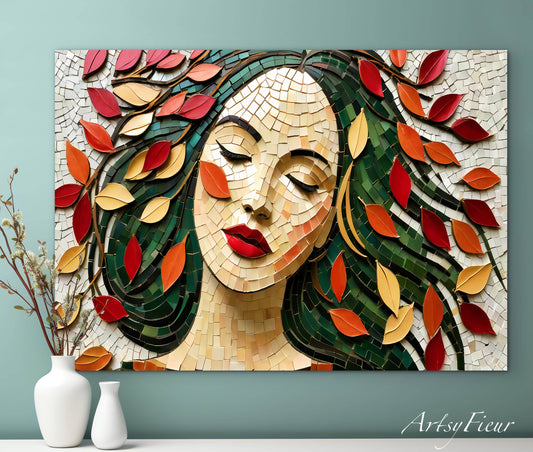 Framed Canvas- Vibrant Colours Beautiful Brunette Woman’s Abstract Portrait Mosaic Autumn Leaves Original Artwork Fantasy Wall Art Print