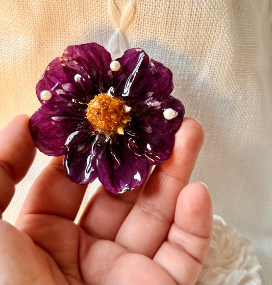 *REAL FLOWER Purple Dahlia Necklace | Preserved flower in resin | Floral pendant on chain | Hypoallergenic Gold Plated