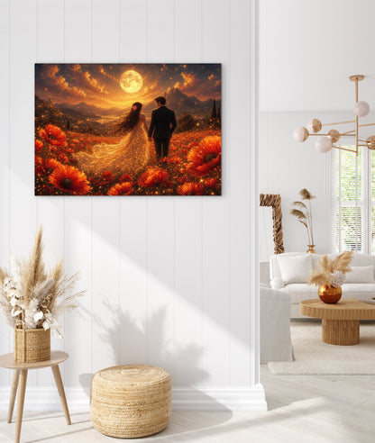 Framed canvas- whimsical full moon sunset bride and groom, wedding, poppy field, vibrant colours living room original artwork, fantasy oil painting wall art print