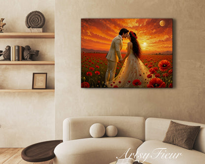 Framed canvas- whimsical full moon sunset bride and groom, wedding, poppy field, vibrant colours living room original artwork, fantasy oil painting wall art print