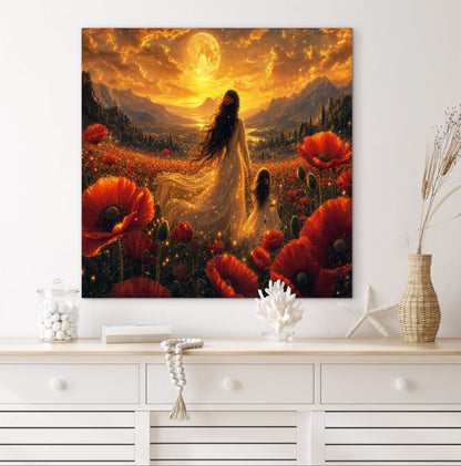Framed Canvas- Vibrant Poppies Field Bride Mother and Daughter Portrait Whimsical Full Moon Sunset Fantasy Oil Painting Wall Art Print