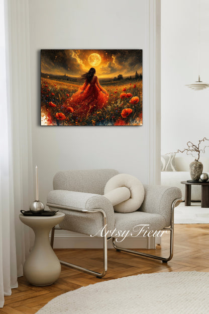 Framed Canvas - Vibrant poppies and wildflowers Whimsical Full Moon starry night sky Bride in Poppy Field, Wall Art Ready to hang original Artwork Print Red Dress