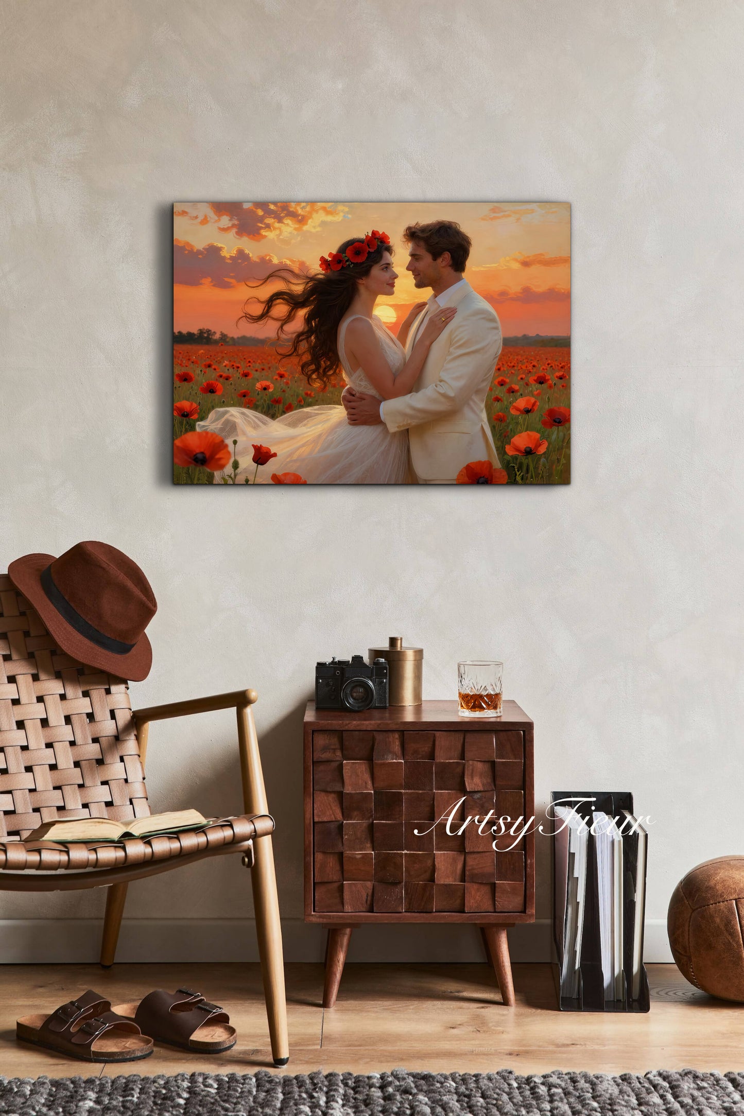Framed canvas- whimsical full moon sunset bride and groom, wedding, poppy field, vibrant colours living room original artwork, fantasy oil painting wall art print