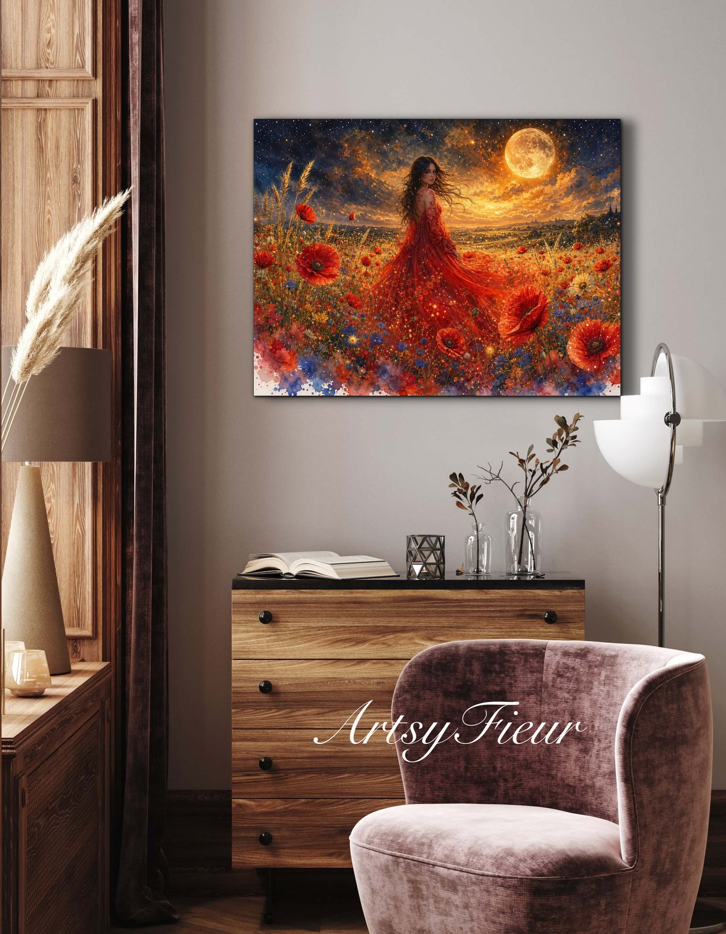 Framed Canvas - Vibrant poppies and wildflowers Whimsical Full Moon starry night sky Bride in Poppy Field, Wall Art Ready to hang original Artwork Print Red Dress