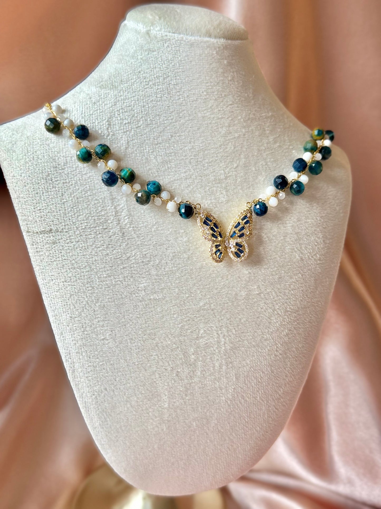 Blue Butterfly Necklace Handmade Braided Beaded | Natural Blue Tiger’s Eye Gemstone | Hypoallergenic| 18k Gold Plated